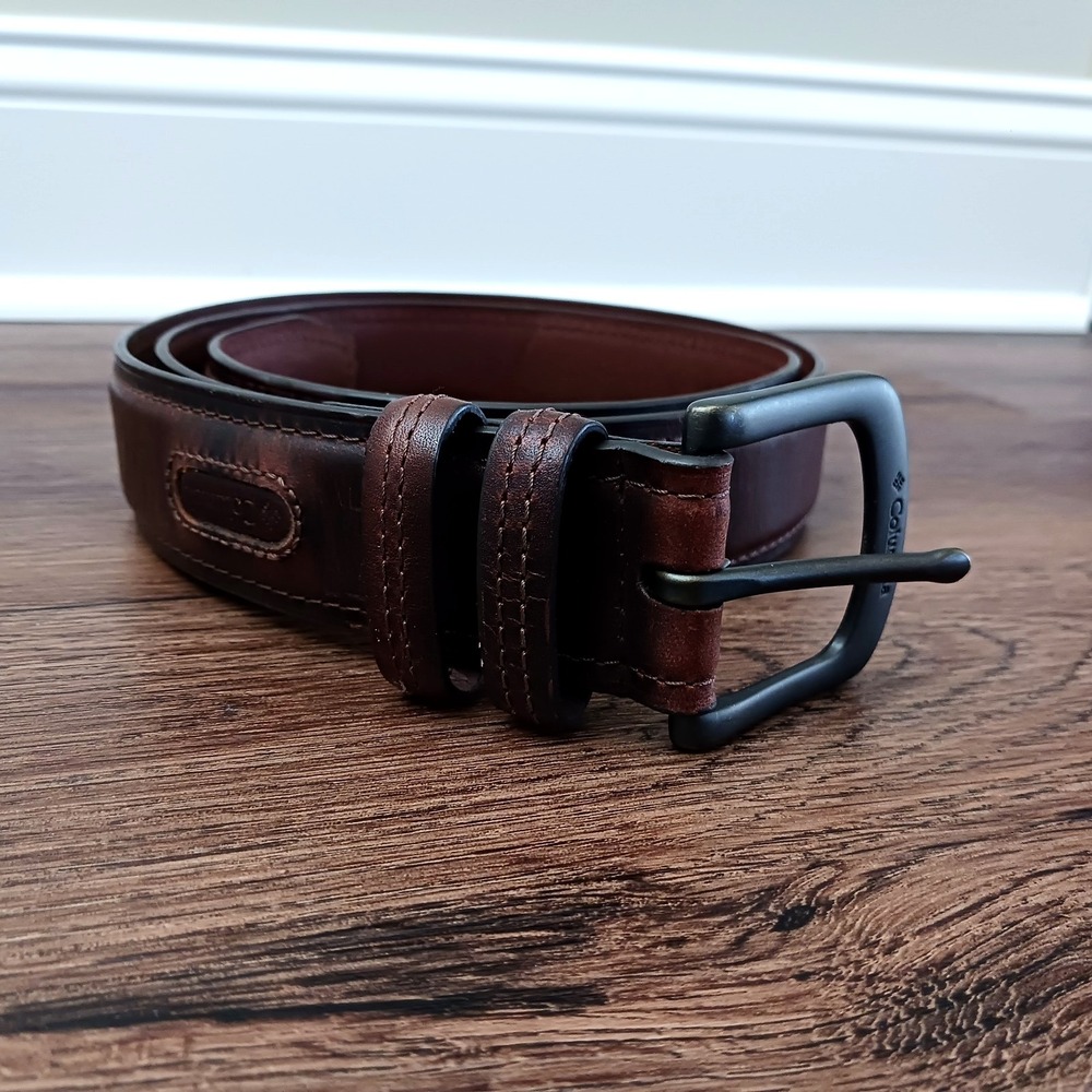 Columbia Sportswear Leather Belt Size 44 Brown 11CO02A9 Double Loop Logo